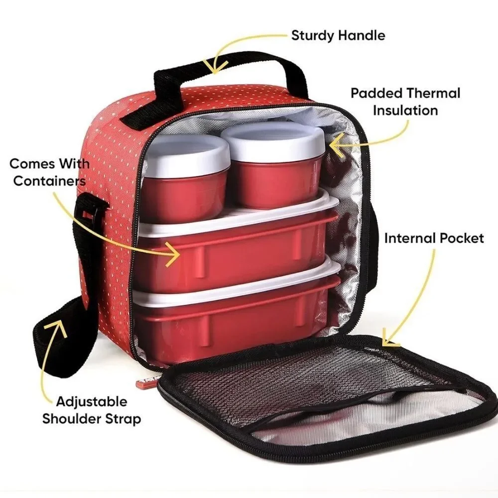 Taytay Black Smart Insulated Lunch Bag w/Four Red & White Food Containers